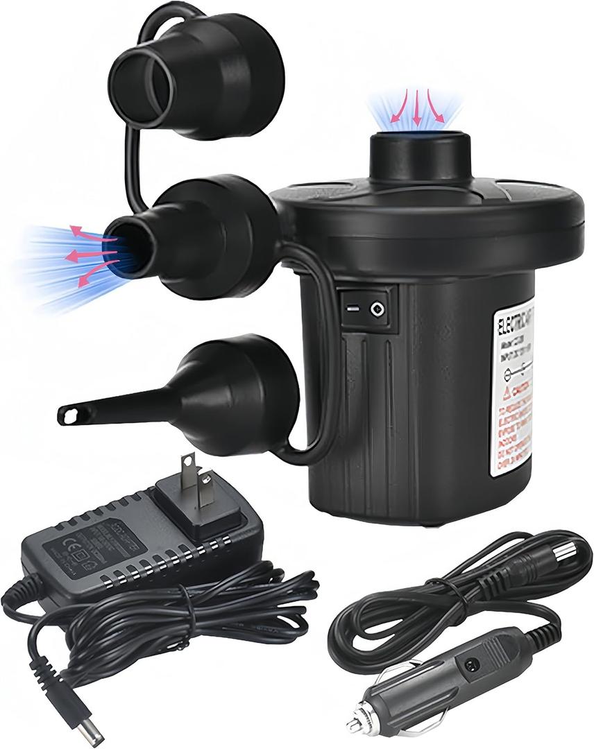 Inflatable Electric Air Pump,110V AC/12V DC Portable Fast Inflation Pump with 3 Nozzles, Used for Inflatable Boats,etc (Standard)