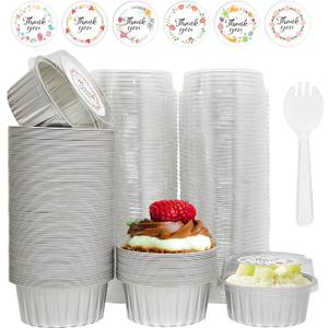 100 Pcs Aluminum Foil Baking Cups with Lids, 5oz Cupcake Liners Dessert Cups,Disposable Ramekins Mini Cake Containers Tin Mini Muffin Liners for Wedding Christmas PartySilver