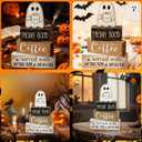4 Pcs Halloween Table Decorations, Wooden Ghost Coffee Bar Decor, Fall Farmhouse Tiered Tray Signs, Rustic Boo Tabletop Centerpiece for Home Kitchen Office Shelf