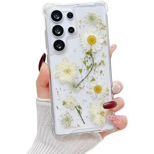Lewrtser Compatible with Samsung Galaxy S25 Ultra Case Cute Pressed Dried Real Flowers Design Women Girly Shockproof Glitter Floral Clear Phone Cover for Galaxy S25 Ultra (White Flower)