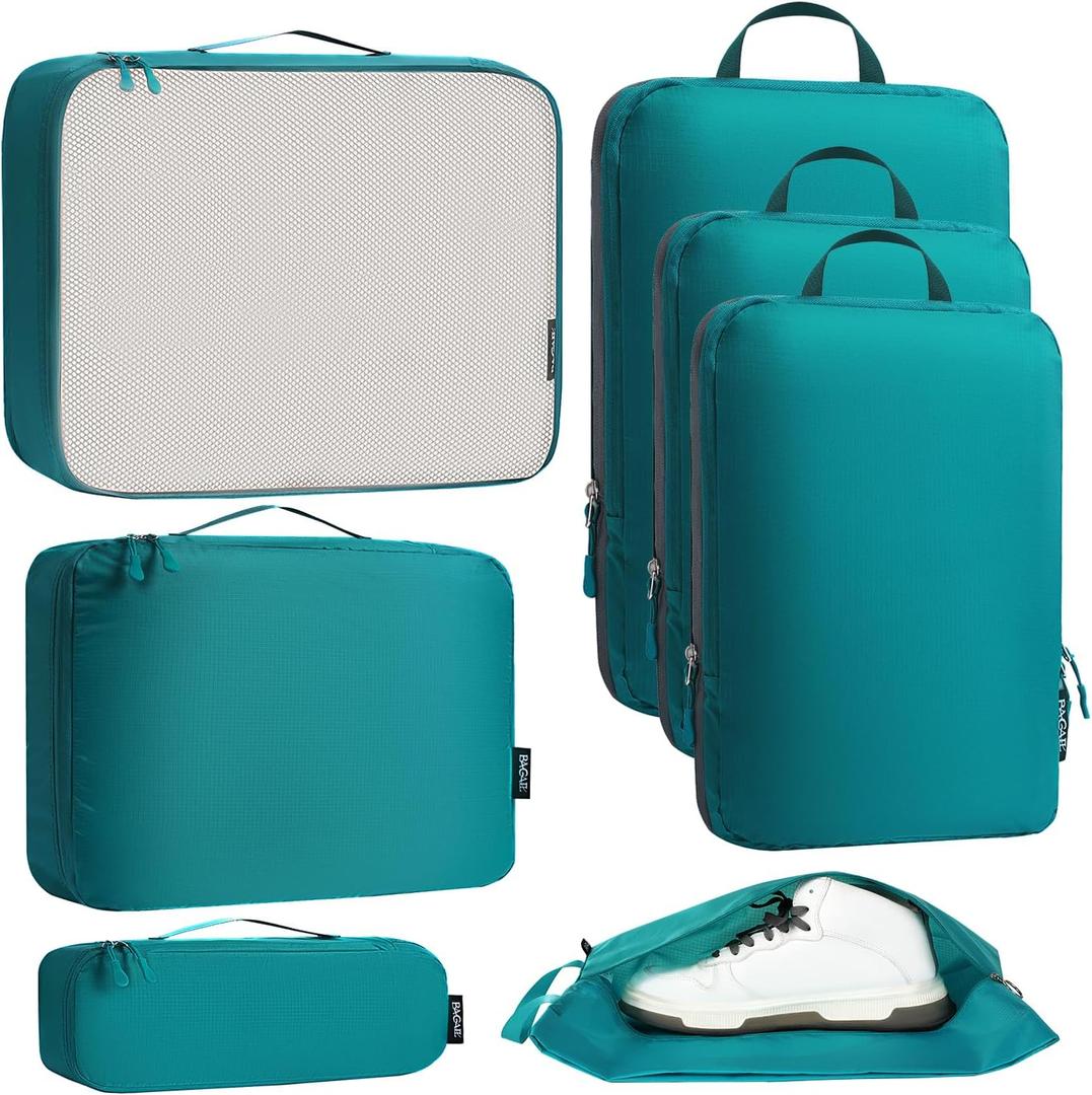 Bagail Ultralight Compression Cubes 7 Set - 3 Packing Cubes, 3 Organizers, and 1 Shoe Bag (The Teal)