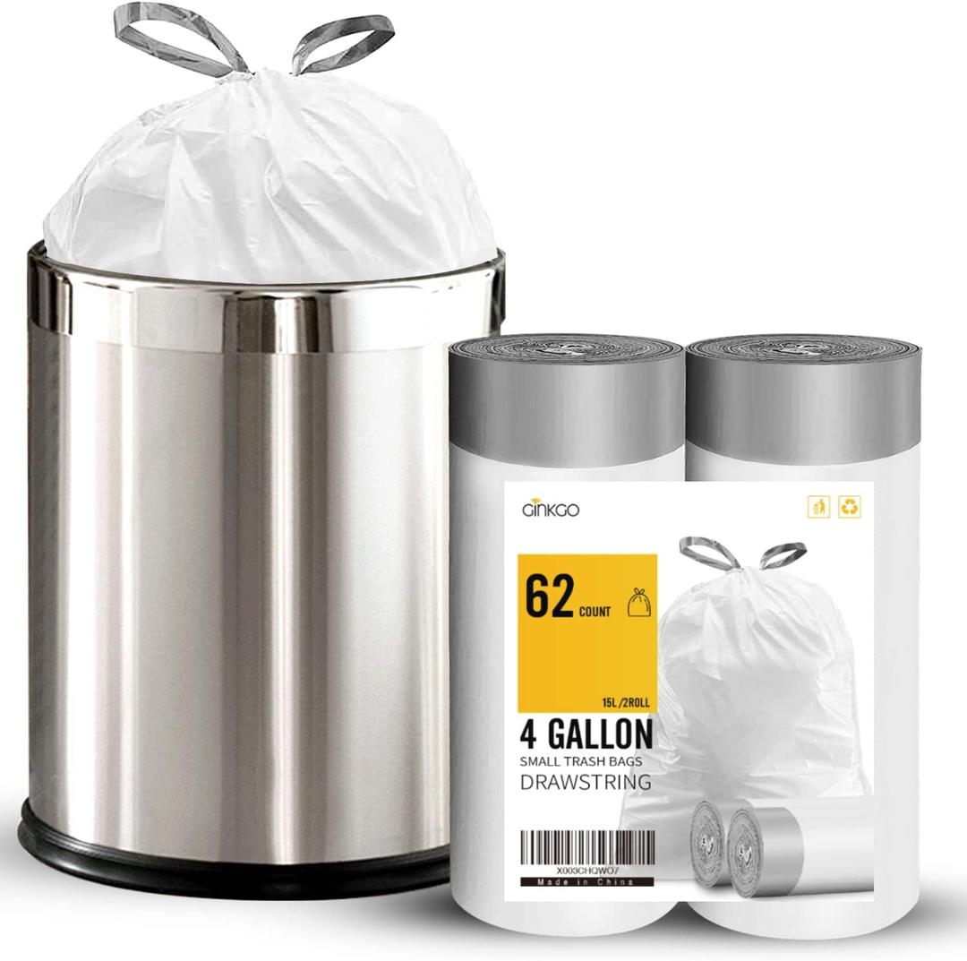 62 Counts Small Trash Bag Drawstring 4 Gallon Mini Garbage Bags for Bathroom, Kitchen, Bedroom and Office (1 Count (Pack of 62))