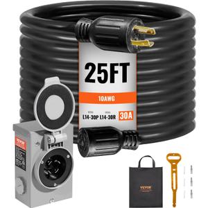 VEVOR 30 Amp Generator Cord and Power Inlet Box Kit, 25 FT Generator Extension Cord NEMA L14-30P/L14-30R STW 10 AWG with Twist Lock Connector, Pre-Drilled Inlet Box, ETL Listed
