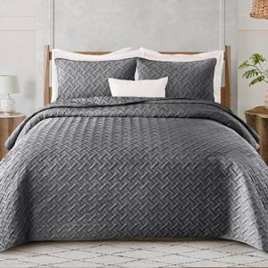 Exclusivo Mezcla Soft Quilt Set Twin Size, 2 Pieces Lightweight Quilts Grey Bedspreads Coverlets Bedding Set for All Seasons, Weave Pattern (Twin (68"x86"))