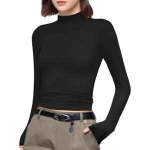PUMIEY Women's Long Sleeve T Shirts Mock Turtleneck Slim Fit Tops Sexy Basic Tee Smoke Cloud Pro Collection (Medium, Jet Black)