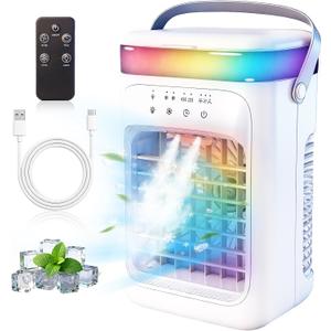 2026 New 4-in-1 Portable Air Conditioner, Sound 30dB Mini AC Unit, 12H Runtime, 1000ML Evaporative Air Cooler, 3 Speed & 2 Mist, Remote, USB, Timer, 7-Color LED for Bedroom Office Car - 1 PCS
