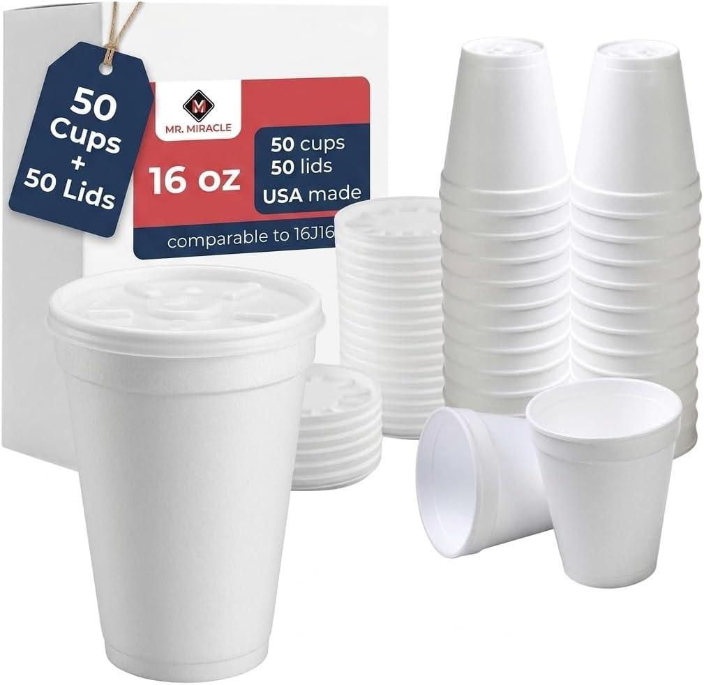 16 OZ Foam Cups With Lids for Hot & Cold Drinks, USA-Made 50-Pack.Ideal Styrofoam Coffee Cups, Insulating To-Go Cups for Soda, Tea, Juice - Sturdy, Disposable & comparable to Industry standard 16J16