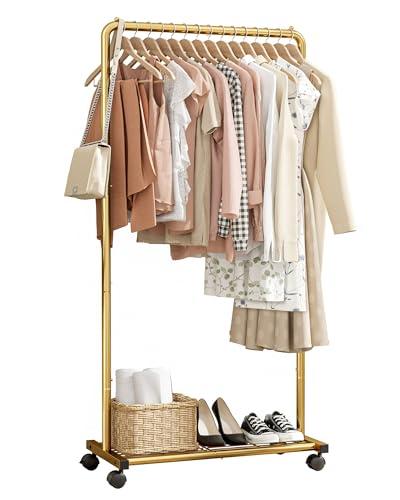 Sakugi Clothes Rack - Clothing Rack with Storage Mesh Shelf & Casters, Heavy-Duty Metal Clothing Rack for Hanging Clothes, Dresses, Coats, Large Load Capacity, Easy Assembly, Gold, 28.0"x16.9"x59.0"