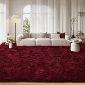 FinRec 9x12 Feet Rugs for Living Room Bedroom, Red Fluffy Shag Area Rug, Non-Slip Plush Fuzzy Rugs for Nursery Kids Room Dorm Room Home Decor, Indoor Furry Floor Carpet