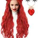 Womens Red Costume Wig with Buns Necklace Earrings Long Red Wavy Hair Wigs for Adults Halloween Cosplay (Adults)