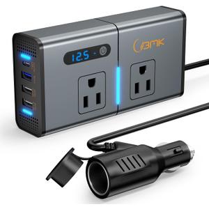 200W 7-in-1 Car Power Inverter DC 12V to 110V AC with PD 27W USB-C & QC 3.0, Dual AC Outlet Car Plug Adapter for Vehicles, LED Voltage Display, Quiet Cooling Fan for Laptop CPAP Road Trip Camping