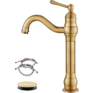 gotonovo Single Handle Vessel Sink Faucet 360 Swivel Bathroom Faucet One Hole Farmhouse Lavatory Vanity Faucet Bowl Sink Mixer Tap with Pop Up Drain, Antique Brass