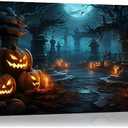 vandlife Halloween Home Decoration Dark Blue Spooky Tomb Canvas Wall Art Smiling Creepy Pumpkin Lantern Framed Poster Decor for Living Room Bedroom 24x16in