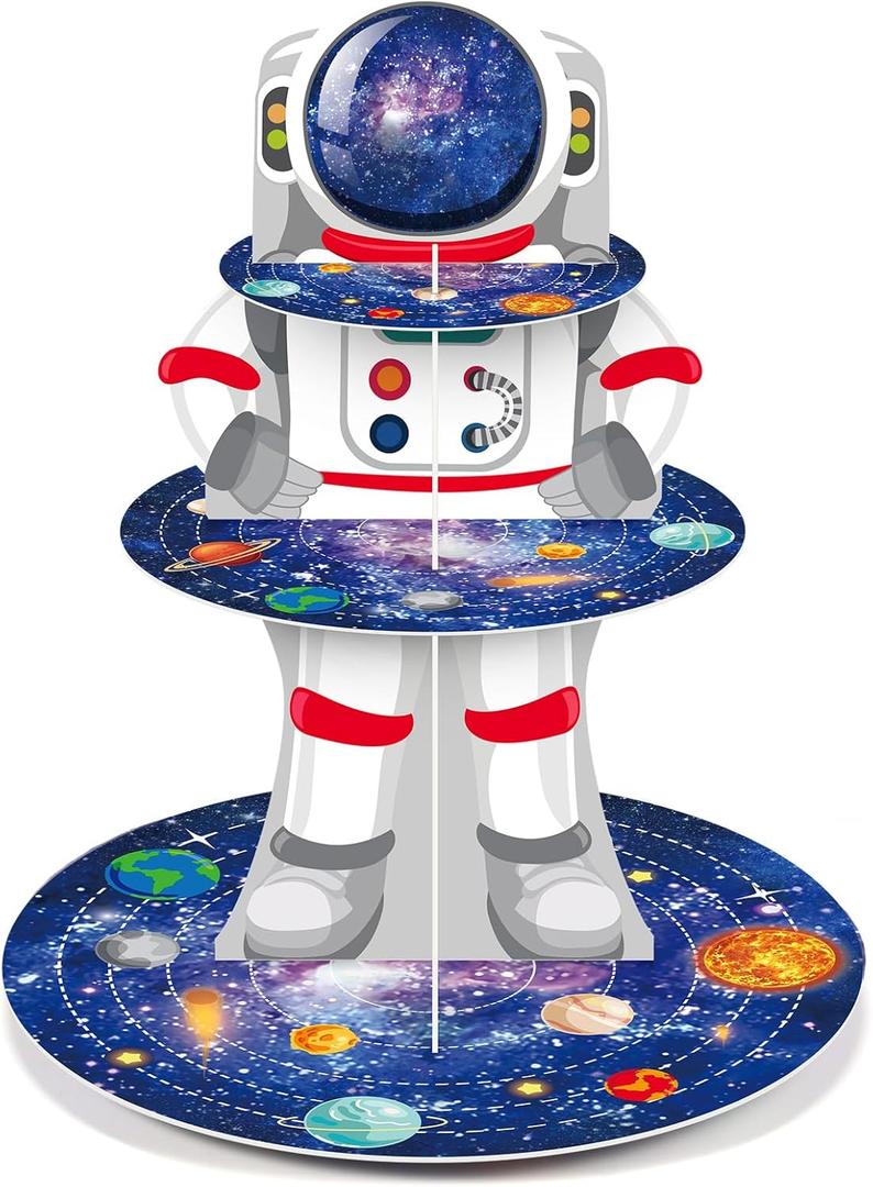 Zopeal Space Astronaut Cupcake Stand Space Themed Birthday Party Decorations 3 Tier Planet Cupcake Holder Cake Stand Decorations Galaxy Spaceman Dessert Tower for Space Shower Party Supplies
