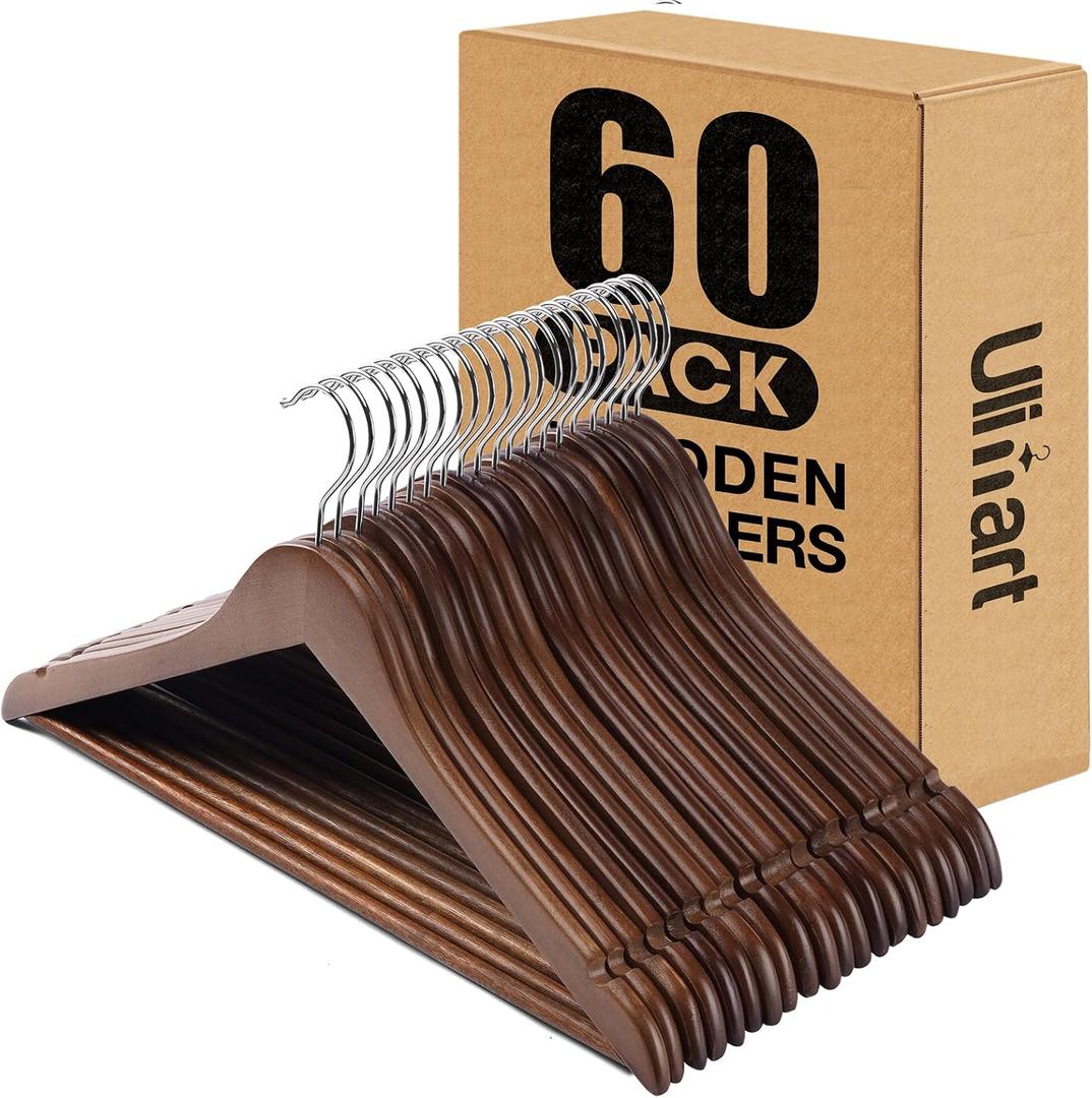 Wood Hangers - 60 Pack Solid Shirt Hangers, Heavy Duty & Slim Wooden Hangers, for Suit, Coat, Jacket, Pants (Walnut), 17 inches x 8.6 inches