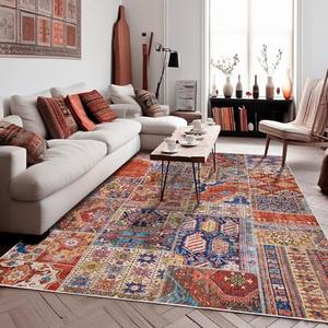 Boho Rug 5x7 for Living Room,Bohemian Colorful Non-Slip Washable Machine Soft 70s Funky Patriotic Independence Day Decor Vintage Area Rugs for Bedroom,Terracotta Rust Burnt Orange Red and Navy Blue