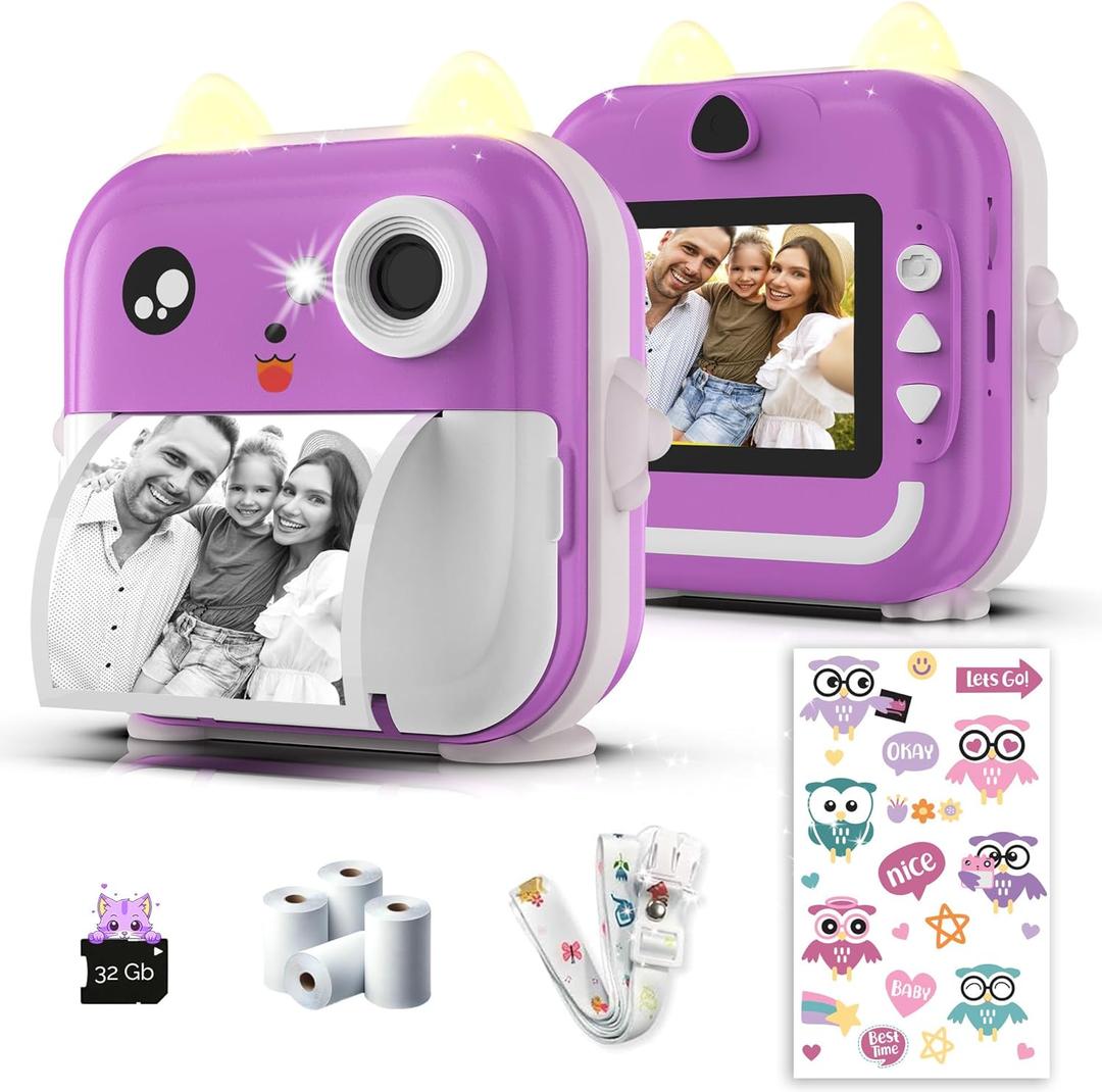 Kids Camera Instant Print - 48MP Dual Lens, 1080P Video, Thermal Printing with 4 Paper Rolls - Fun Filters, Stickers & Games - Bluetooth App, 32GB Card - Gift for Girls & Boys Ages 3-12 (Purple)