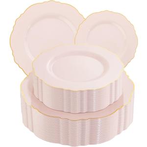 WDF 100pcs Pink Plastic Plates - High-end Baroque Design - Pink and Gold Plates for Upscale Party & Baby Shower - Including 50 Pink Disposable Plates 10.25inch, 50Salad Plates 7.5inch