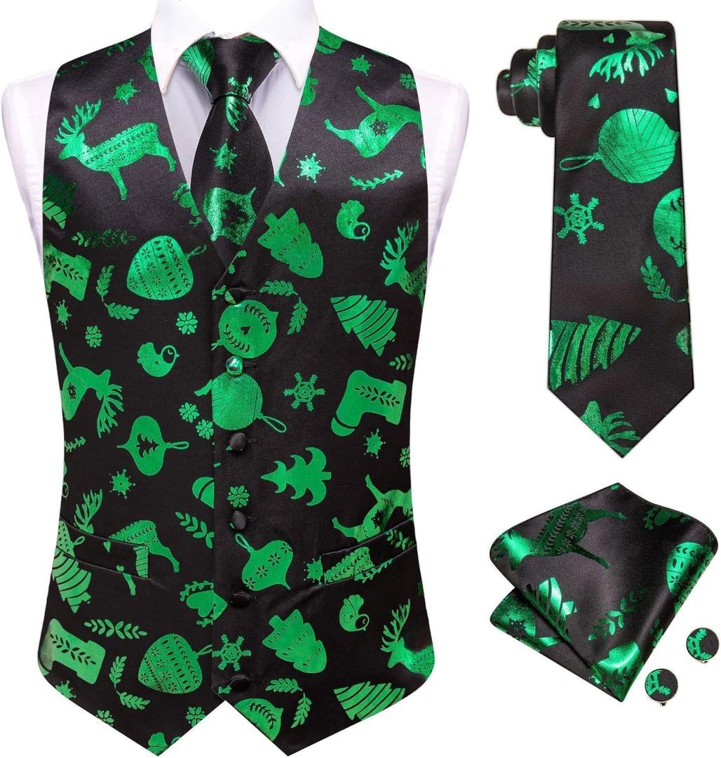 Hi-Tie Christmas Vest and Tie Set For Mens Print Shiny Suit Waistcoat Necktie Xmas Holiday Party Tuxedo Vest (Medium, Black and Green Reindeer)