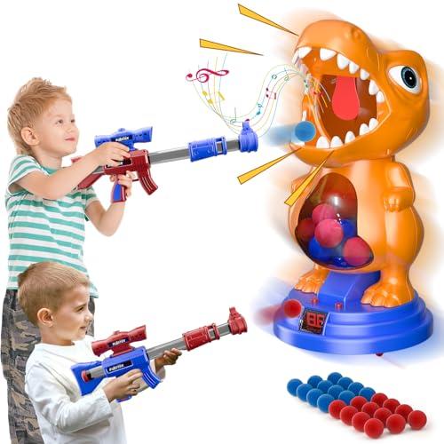 fygurso Movable Dinosaur Shooting Toys for Kids 5-7 with 2 Air Pump Gun, Target Shooting Games with LED Score Record, Light & Sound, 24 Foam Balls Competition Game Gift for Boys and Girls 3-5+ Years