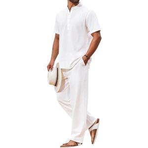 COOFANDY Men's 2 Piece Cotton Sets Casual Short Sleeve Henley Shirts and Beach Pants with Pockets Summer Vacation Outfits (Medium)