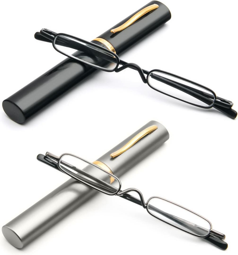prtcslwd 2 Pack Mini Slim Reading Glasses Spring Hinge Metal Reading Aid Unisex Visual Aid with Case