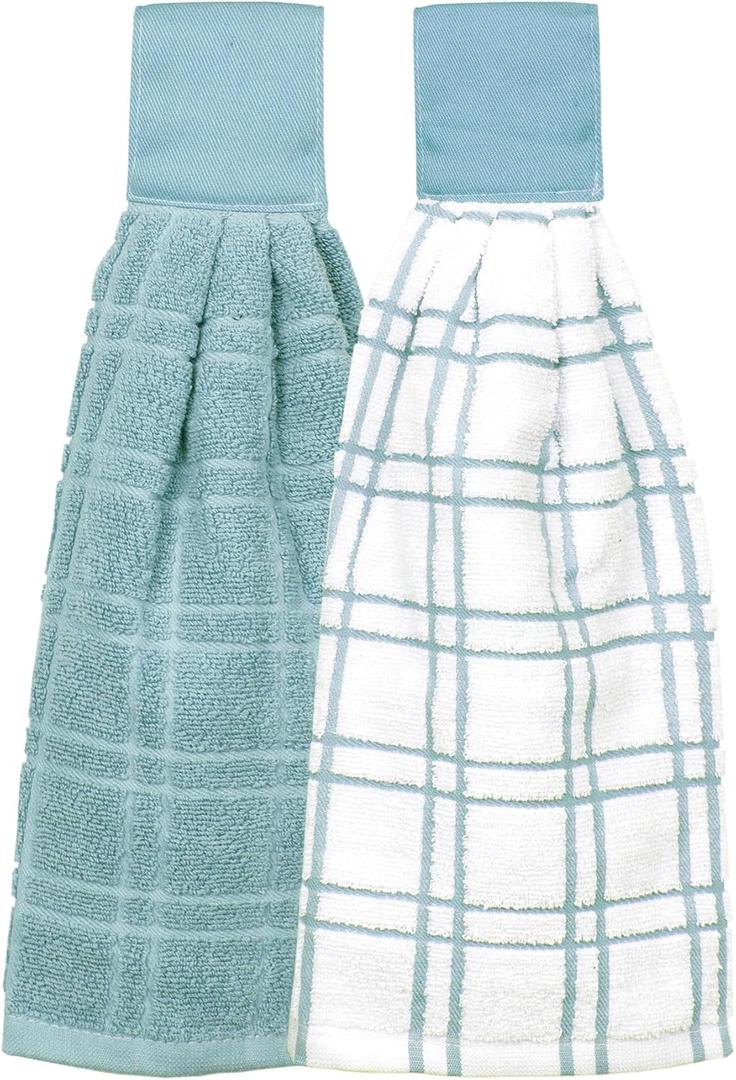 Ritz Premium 100% Cotton Solid and Multi Check Kitchen Tie Towel, Absorbent, Super Soft, and Fast Drying Hang Towel, Set of Two, Dew