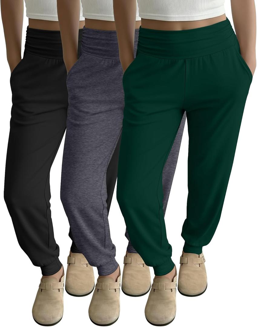 Ficerd 3 Pack Women's Lounge Pants, Cozy Yoga Joggers with Pockets High Waisted Workout Sweatpants Lightweight Comfy Pants (Black, Dark Gray, Green)