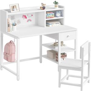 White Kids Desk and Chair Set for 6-12 Year Old, Children Study Desk with Hutch and Storage Shelf, Student Writing Table with Fabric Drawer for Girls Boys