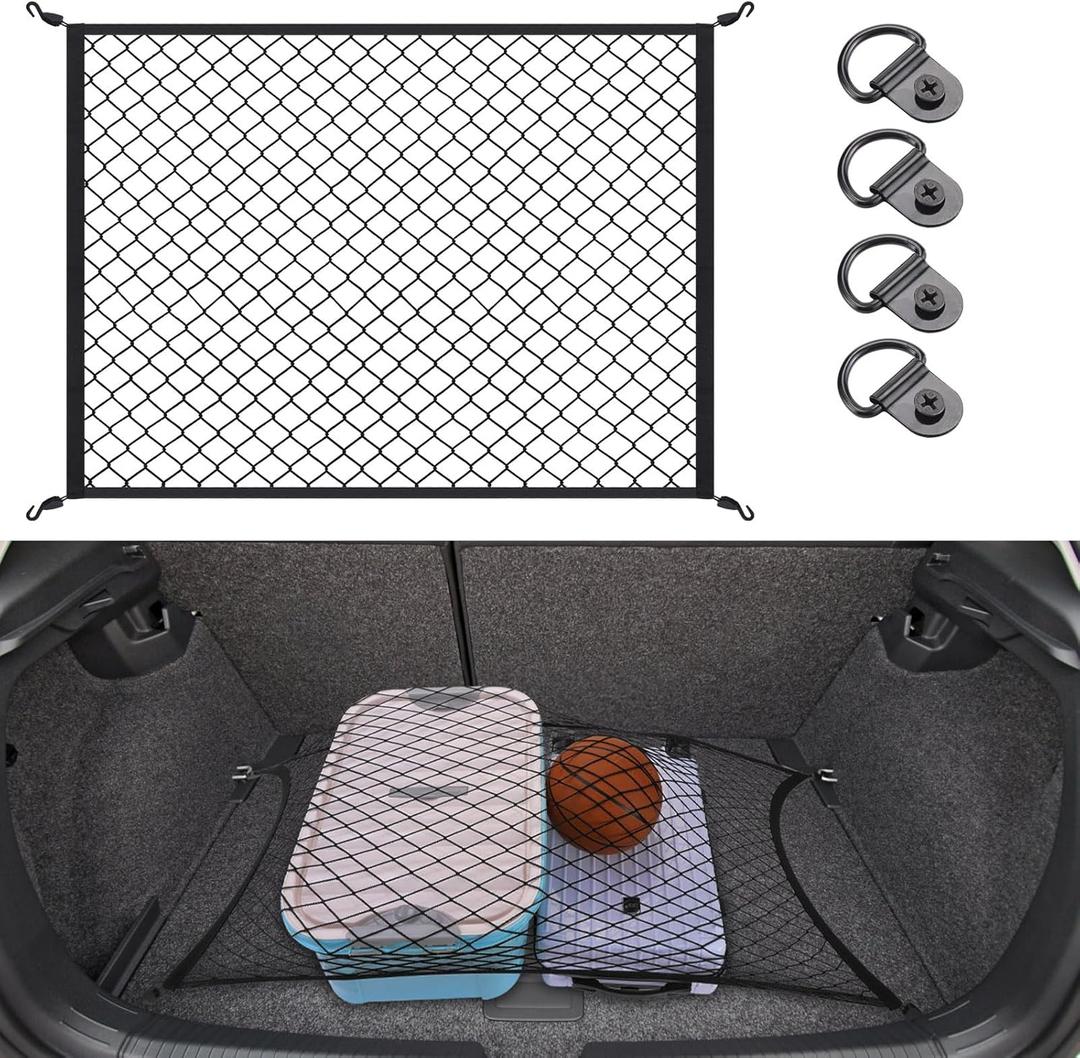 Kaskawise Elastic Cargo Net for SUV,Universal Truck Net Organizer with Storage Bag,32"x24" Stretch to 56"x42" Small Cargo NetBungee Mesh Cargo Hold for Car,Truck,Pickup,RV,Road Trip Essentials