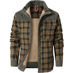 Flygo Men's Sherpa Lined Plaid Flannel Shirt Jacket Snap Button Warm Winter Jacket with Pockets (Medium, Light Army Green)