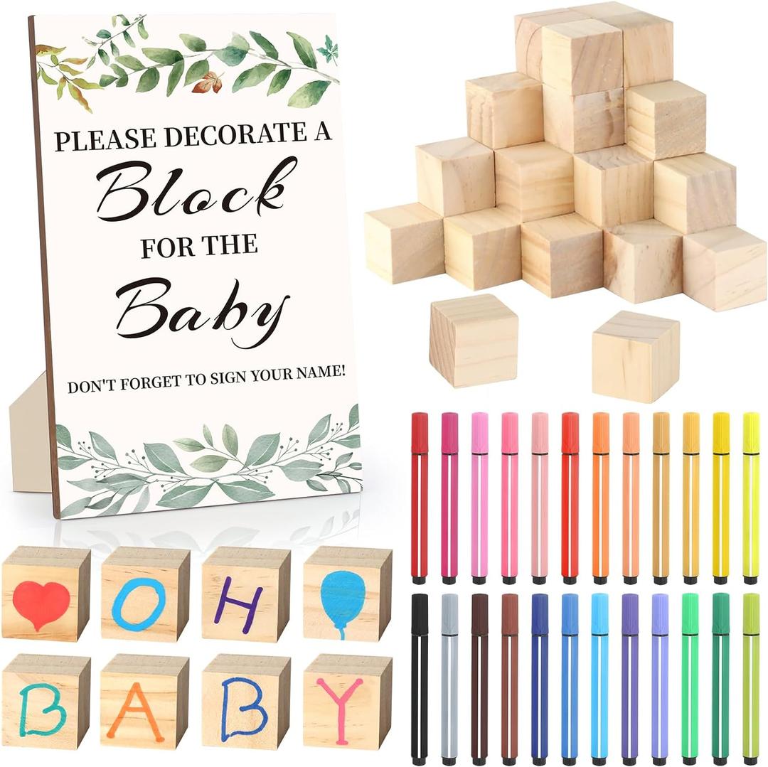 Baby Shower Games Sign Kit with 50 Blank Wooden Baby Blocks, 24 Acrylic Paint Marker and Wooden Sign, Blocks for Baby Shower, Gender Reveals Party(Green)