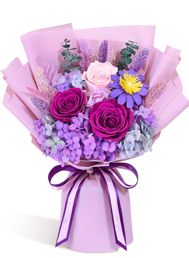Yastouay Preserved Flowers for Delivery Prime, Preserved Purple Roses Bouquet, Flowers Bouquet with Gift Box for Mother Day, Women Birthday Gift, Anniversary, Valentines Day