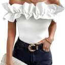 OYOANGLE Women's Ruffle Trim Off Shoulder Short Sleeve Blouse Party Tops Shirt M