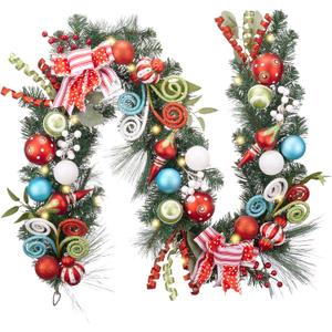 Valery Madelyn 6 Feet Pre-Lit Christmas Garland with Lights for Mantle, Lighted Outdoor Xmas Garland with Multi-Colored Balls & Bows for Home Stairs Fireplace Table Centerpiece Indoor Holiday Decor