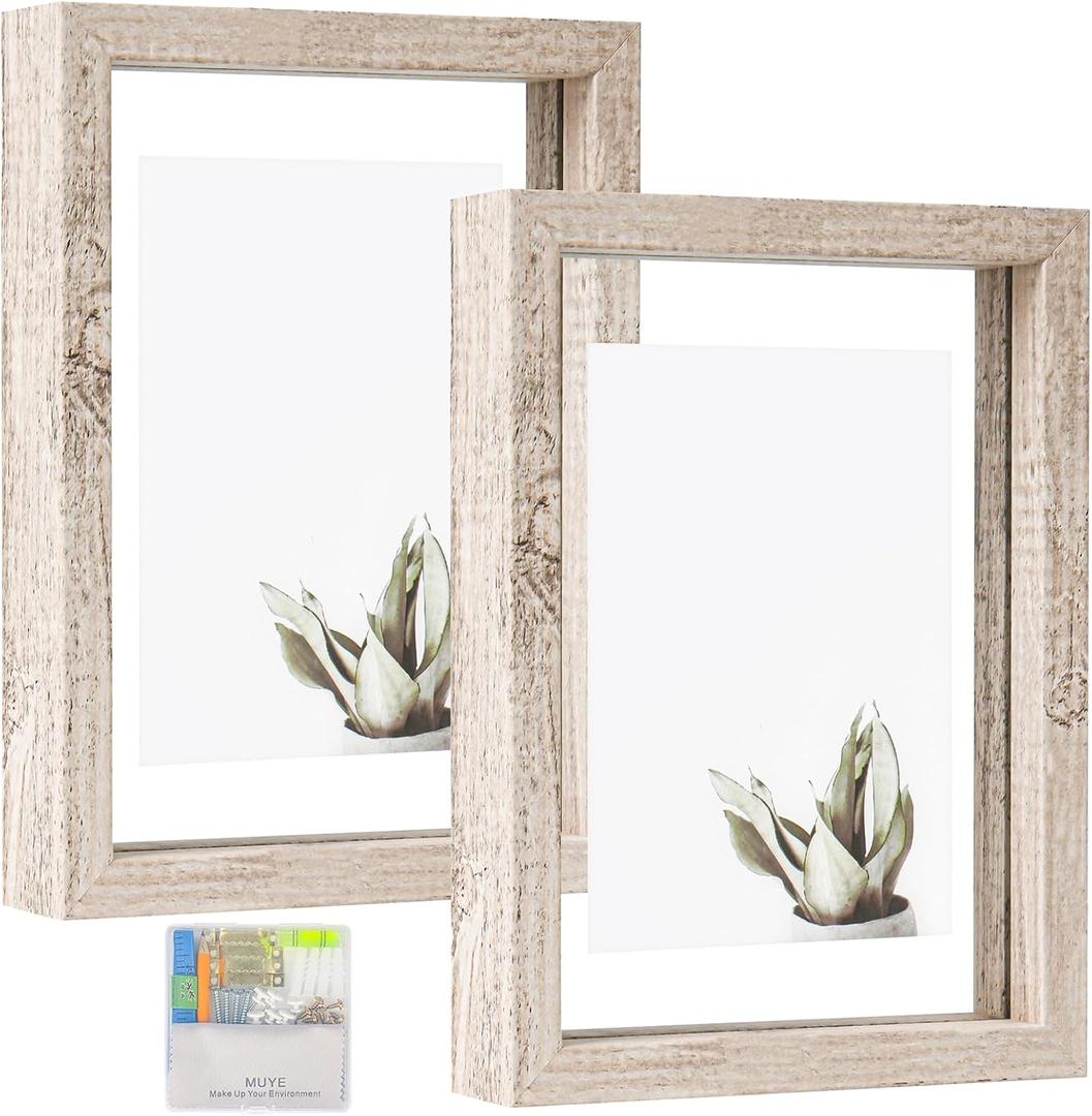 MUYE 5x7 Floating Frames Distressed Beige White Wood Pattern,Double Glass Picture Frame Display Any Size Photo up to 5x7,Wall Mount or Tabletop,2 Pack