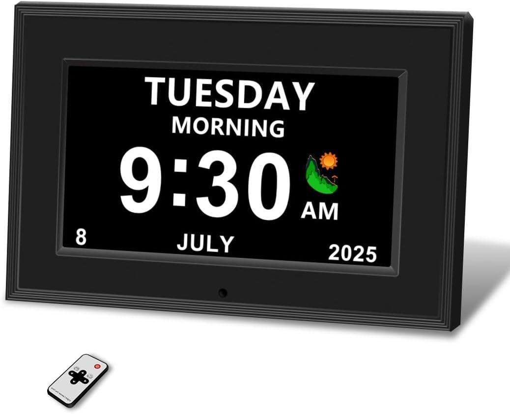Digital Alarm Clock for Seniors - No-Abbreviation Date HD Display Auto Dimming Photo Frame White Noise DST Adjustment, Ideal Gift for Elders (7inch Black)