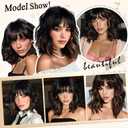 Black Wigs for Women Short Bob Wig with Bangs 14 Inch Black Mixed Brown Highlights Wigs Short Wavy Wigs Curly Shoulder Length Wigs Synthetic Hair Replacement Wigs for Holiday Daily Party Use