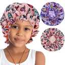 brcok 2 PCS Kids Bonnet for Girls Double Layer Satin Silk Bonnet for Kids Sleep Cap for Child Curly Hair (3-10years) (US, Alpha, Medium, Large, Pink&Purple)