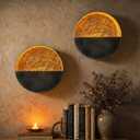 NativeSkins Eclipse Wall Candle Sconces Set of 2  6.5" Round Metal Tea Light Holders (3" Depth) with Gold Leaf Interior  Antique Nickel Decorative Accent for Bedroom, Hallway, Bathroom