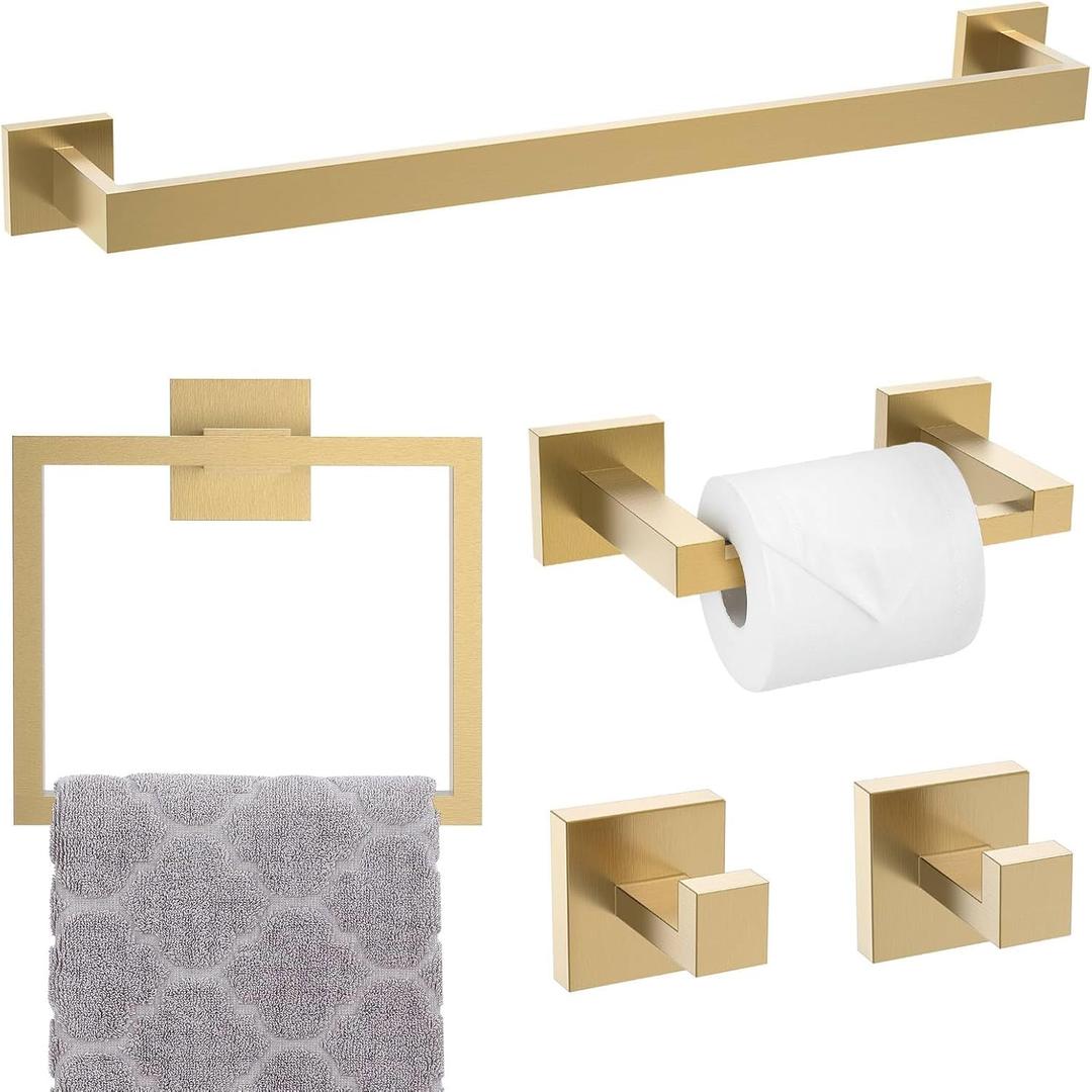 TNOMS 5-Piece Towel Bar Set Brushed Gold Bathroom Hardware Accessories Set Includes Upgraded Double Base Toilet Paper Holder, Modern Square Towel Holder Set Stainless Steel Wall Mount 23.6 Inch