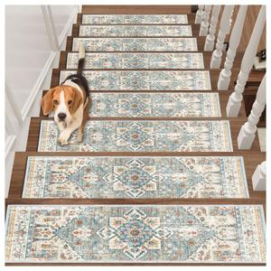 Edging Stair Treads Non-Slip Carpet Mat, 30in X 8in Indoor Stair Runners for Wooden Steps, Rubber Backing Stair Rugs for Kids Elders and Pets(Blue/Beige,15PCS)
