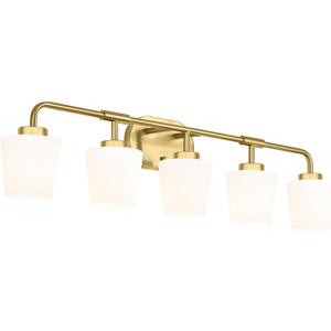 5-Light Brushed Gold Bathroom Vanity Light, Milk White Glass