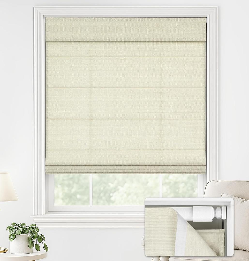 LazBlinds No Drill Roman Shades for Windows, Cordless Light Filtering Window Shades with UV Protection, Polyester Fabric for Bedroom & Living Room, 35" W x 64" H, Cream