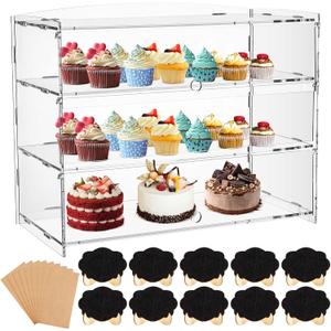 3 Tier Bakery Pastry Display Case,Clear Acrylic Display Case,Commercial Countertop Cabinet with Chalkboard and Brown Paper for Bread Cookie Cupcake Party Event Stores