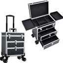 FRENESSA Professional Rolling Makeup Case Aluminum Trolley Train Case with 360 Swivel Wheels for Makuep Artist Travel Cosmetic Organizer with Sliding Drawers for Nail Tech Hairstylist Barber, Black