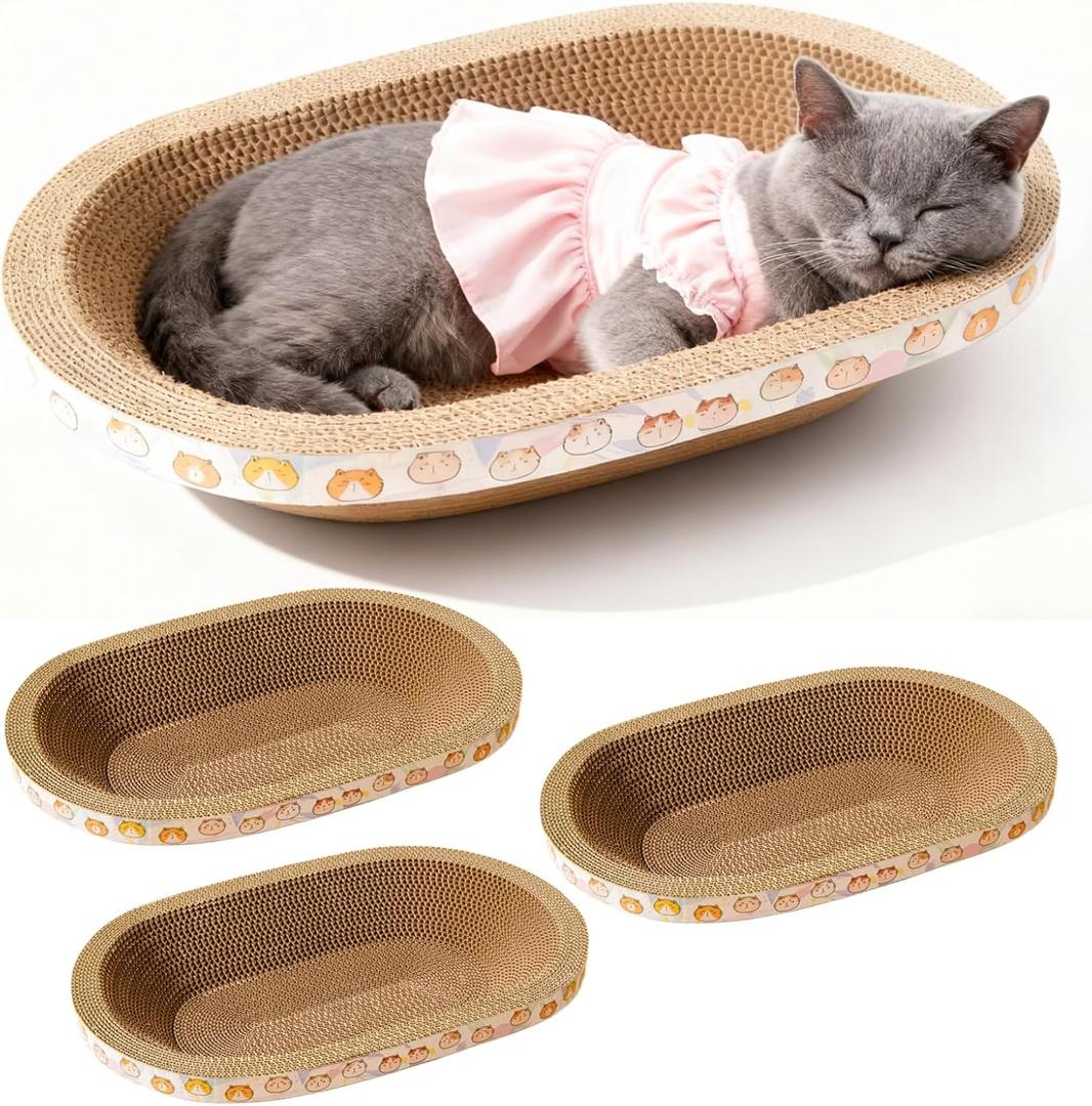 3 Pack Large Cat Scratcher Cardboard, Oval Cat Scratcher Bed Cat Scratch Pad Board Lounge Couch for Indoor Cats Bowl Shaped Cat Scratching Post Nest for Cats Grinding Claw Furniture Protector