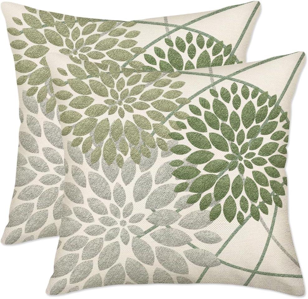 Sage Green Grey Dahlia Pillow Covers 20x20 Inch Set of 2 Summer Geometric Floral Elegant Green Gray Decor Pillow Case Outdoor Farmhouse Linen Square Cushion Cover Home Decor for Sofa Couch Bed