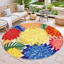 Colorful 6FT Outdoor Round Area Rug Washable Rugs Multicolored Patio Rug Tropical Botanical Floral Chenille Waterproof Outdoor Carpet for RV, Pool Deck, Backyard, Porch, Rainbow