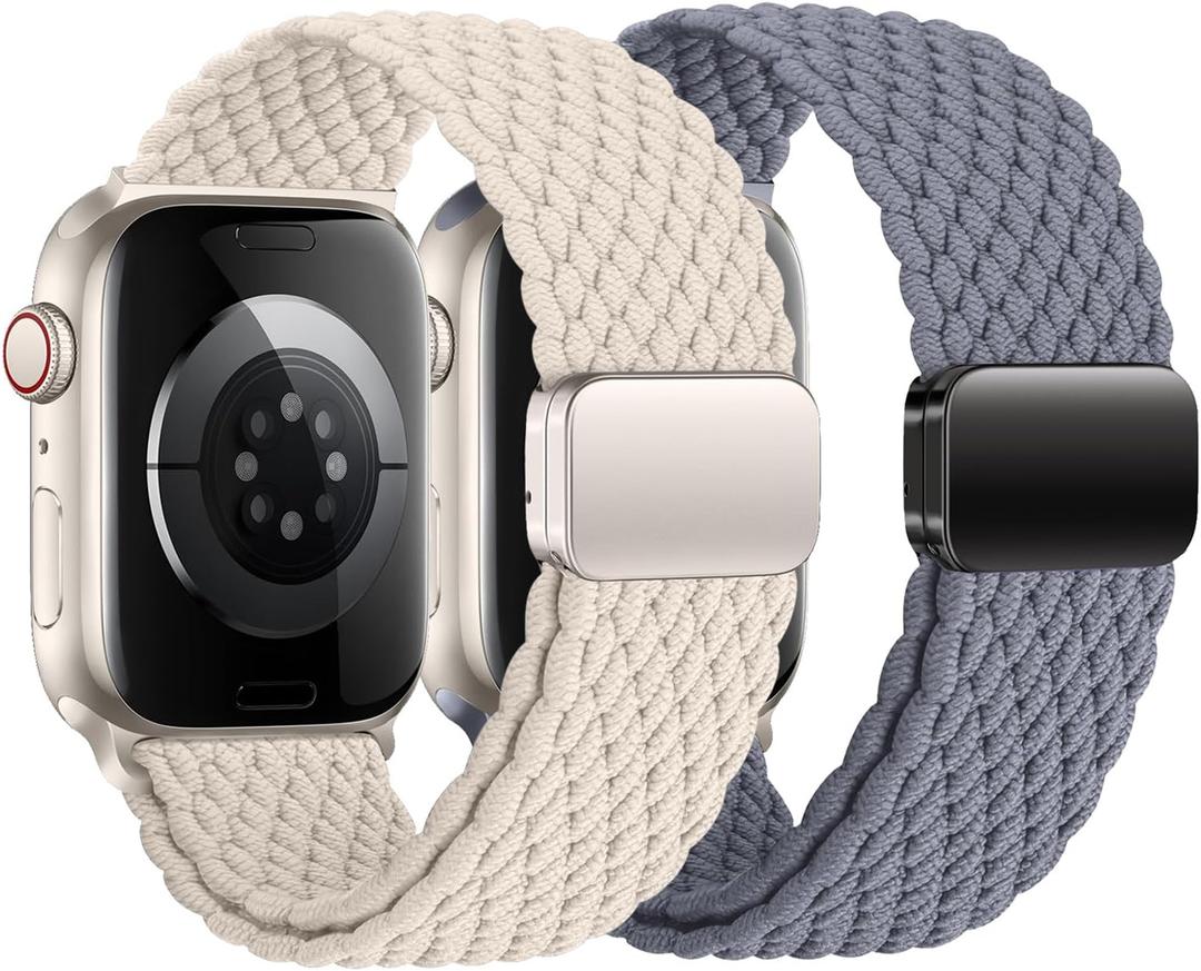 2Pcs Magnetic Braided for Apple Watch Band 41mm 40mm 45mm 44mm Ultra/3/2 49mm 38mm 46mm 42mm Women/Men,Stretchy Elastic Nylon Sport Loop Strap for iWatch Bands series 11 10 9 8 7 6 5 4 3 se 3/2 40 44 (A02-Blue Gray/Starlight)